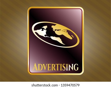  Gold emblem or badge with flat earth icon and Advertising text inside