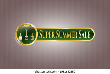  Gold emblem or badge with flowchart icon and Super Summer Sale text inside