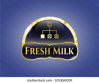  Gold emblem or badge with flowchart icon and Fresh Milk text inside