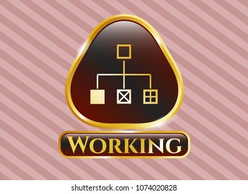  Gold emblem or badge with flowchart icon and Working text inside