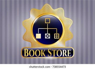  Gold emblem or badge with flowchart icon and Book Store text inside