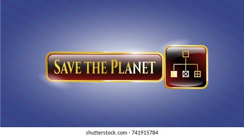  Gold emblem or badge with flowchart icon and Save the Planet text inside