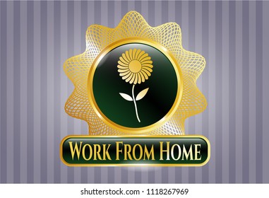  Gold emblem or badge with flower icon and Work From Home text inside
