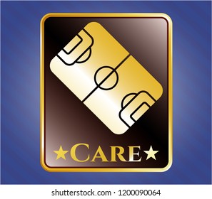  Gold emblem or badge with football field icon and Care text inside