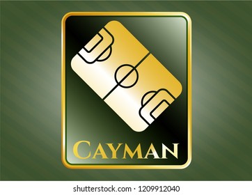  Gold emblem or badge with football field icon and Cayman text inside