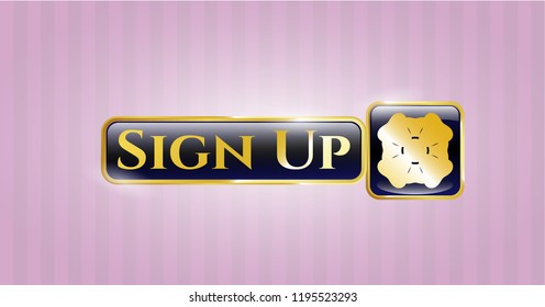  Gold emblem or badge with four leaf clover icon and Sign Up text inside