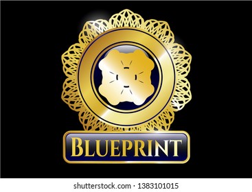  Gold emblem or badge with four leaf clover icon and Blueprint text inside