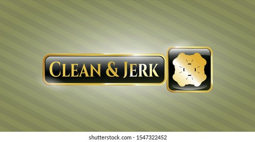  Gold emblem or badge with four leaf clover icon and Clean & Jerk text inside