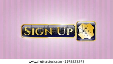  Gold emblem or badge with four leaf clover icon and Sign Up text inside