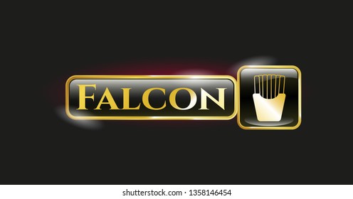   Gold emblem or badge with fries icon and Falcon text inside