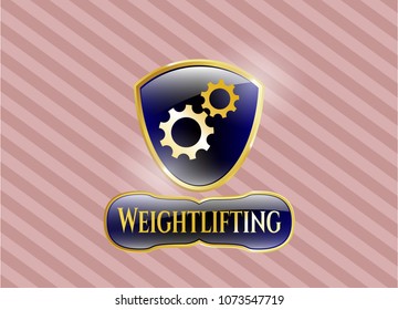   Gold emblem or badge with gear, team work icon and Weightlifting text inside