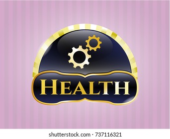  Gold emblem or badge with gear, team work icon and Health text inside