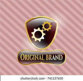  Gold emblem or badge with gear, team work icon and Original Brand text inside