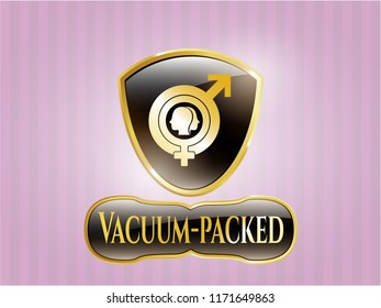  Gold emblem or badge with gender dysphoria icon and Vacuum-packed text inside