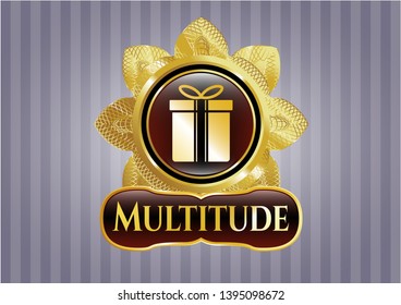  Gold emblem or badge with gift box icon and Multitude text inside