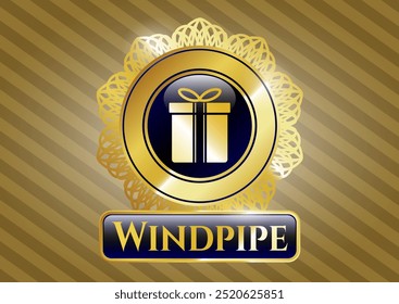 Gold emblem or badge with gift box icon and Windpipe text inside