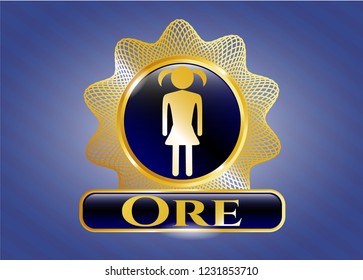  Gold emblem or badge with girl icon and Ore text inside