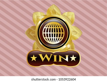  Gold emblem or badge with globe, website icon and Win text inside