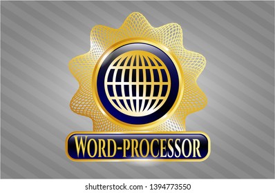  Gold emblem or badge with globe, website icon and Word-processor text inside