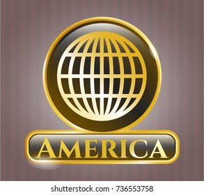  Gold emblem or badge with globe, website icon and America text inside