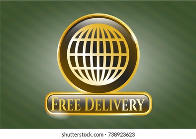  Gold emblem or badge with globe, website icon and Free Delivery text inside