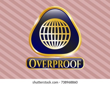  Gold emblem or badge with globe, website icon and Overproof text inside