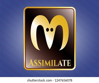 Gold emblem or badge with goat head icon and Assimilate text inside