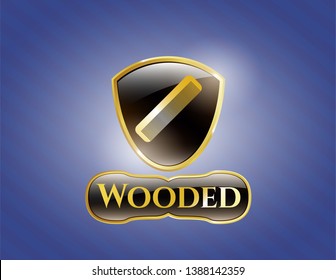  Gold emblem or badge with hair comb icon and Wooded text inside