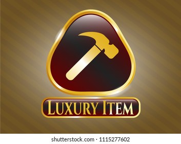  Gold emblem or badge with hammer icon and Luxury Item text inside