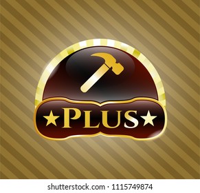 Gold emblem or badge with hammer icon and Plus text inside