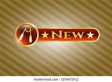  Gold emblem or badge with hand gripper icon and New text inside