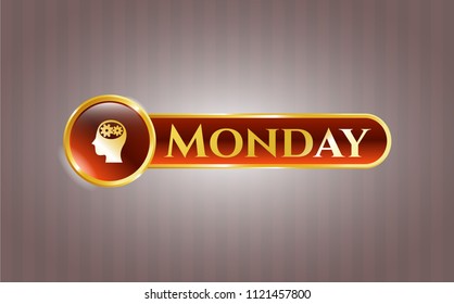  Gold emblem or badge with head with gears inside icon and Monday text inside
