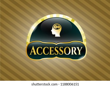  Gold emblem or badge with head with gears inside icon and Accessory text inside