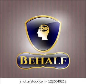  Gold emblem or badge with head with gears inside icon and Behalf text inside