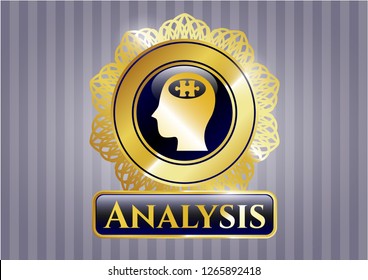  Gold emblem or badge with head with jigsaw puzzle piece icon and Analysis text inside