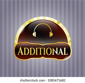  Gold emblem or badge with headphones icon and Additional text inside