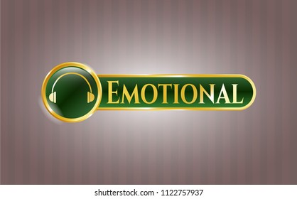 Gold emblem or badge with headphones icon and Emotional text inside