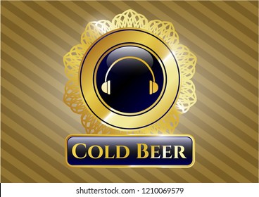  Gold emblem or badge with headphones icon and Cold Beer text inside