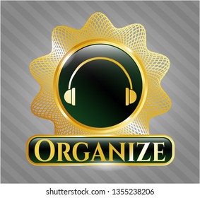  Gold emblem or badge with headphones icon and Organize text inside