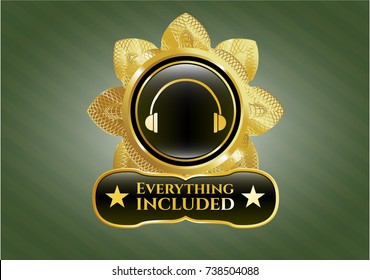  Gold emblem or badge with headphones icon and Everything included text inside