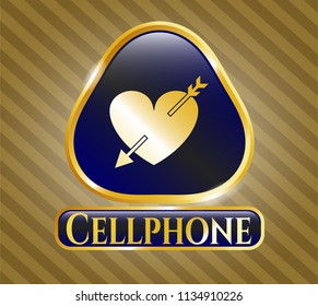  Gold emblem or badge with heart with arrow icon and Cellphone text inside