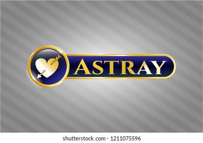  Gold emblem or badge with heart with arrow icon and Astray text inside