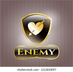  Gold emblem or badge with heart with arrow icon and Enemy text inside