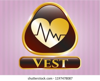  Gold emblem or badge with heart with electrocardiogram icon and Vest text inside