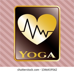 Gold emblem or badge with heart with electrocardiogram icon and Yoga text inside