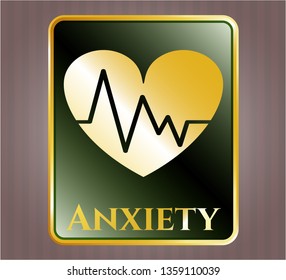  Gold emblem or badge with heart with electrocardiogram icon and Anxiety text inside