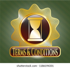  Gold emblem or badge with hourglass icon and Terms & Conditions text inside