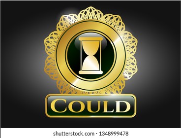  Gold emblem or badge with hourglass icon and Could text inside