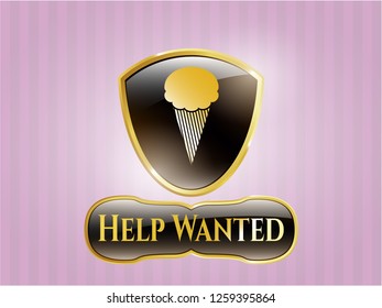  Gold emblem or badge with ice cream icon and Help Wanted text inside
