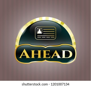  Gold emblem or badge with identification card icon and Ahead text inside